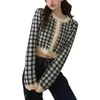 Kvinnors stickor Korean Houndstooth Short Sweater Cardigan Jacka Kvinnor Elegant Imitation Mink Fleece Knitwear Tops Vintage O-Neck Sticked