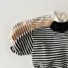 T-shirts Baby Girls Striped Tops Autumn Winter Kids Thicken Warm High-neck Sweatshirt Cotton Clothes Toddler Boys Tees 231207