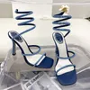 Designer Rhinestone Bowknot Women Sandals Slim Heels Rene Caovilla CHANDELIER Dinner Shoes Womens High Heeled Snake Wrapped Ankle Heel Shoes YM028