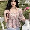 Women's T-Shirt Print Vintage Blouses Women Aesthetics Harajuku French Crop Gentle Baggy Square Collar Summer Y2k Clothes Girlish Sweet TemperL231208