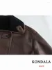 Women's Jackets KONDALA Streetwear Brown Leather Oversized Women Long Sleeve Single Buttons Thick Coats Fashion 2023 Vintage Outwears