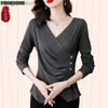 Dames T-shirt S-2XL 2023 Dames Lange Sle Elegant Office Lady Work Button Basic Shirt Casual Grijze Tuniek Peplum Tops BlousesL231208