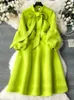 Robes décontractées de base EWQ S3XL Style doux robe pour femme nœud à lacets lanterne à manches longues couleur unie taille haute automne hiver 2023 SN4597 231207