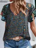 T-shirt da donna ZANZEA Ruffle Sle Camicie da donna Oversize Holiday Bohemian Fashion Camicetta con lacci con scollo a V 2023 Summer Flower Print Tunica TopsL231208