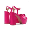 Sandali in pelle verniciata PU rosa fucsia colore punta aperta papillon nodo sexy festa da donna scarpe con tacco tacco piattaforma tacco alto