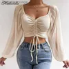 T-shirt Femme Sexy Col V Femmes Blouses Dstring Long Sle Crop Tops Dames Mode Été Chemise Courte Femme Vêtements Blusas Camisas jerL231212