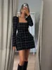 Basic Casual Dresses Plaid Print Fake Pockets Mini for Women Autumn Square Collar Long Sleeve Bodycon Vestidos Female Elegant Sexy Dress 2023 231208