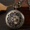 Zakhorloges Brons Mechanische handopwinder Zakhorloges Romeinse cijferwijzer Skeleton mechanisch fliphorloge Herenklok met fob-ketting Geschenkdoos 231208