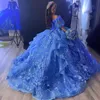 Blu Shiny Quinceanera Dress Pace Applique Pauli di pace che perdono fuori dalla spalla Messicano Sweet 16 Vestidos de XV 15 Anos