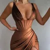 Casual Dresses 2023 Gorgeous Lustrous Women's Irregular Sexy Deep V-neck Cross Straps Backless Bodycon Ruched Split Elegant Party Dress