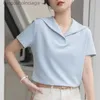 T-shirt Femme Vintage Sailor Collar Shirt Femmes Court Sle Blouse Couleur Unie Simple Tops Été Nouveau Bureau Lady Lâche Vêtements Blusas 27076L231208