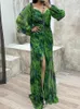 Casual Dresses 2023 V-Neck Sexy Split Maxi Dress Spring Autumn Loungewear Fashion Party Long Sleeve Folds Printing Ladies Holiday