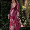 Abiti casual di base Autunno Donna Moda Bohemian Stampato floreale Scollo a V Manica lunga Abito in chiffon pieghettato Nave all'ingrosso Z4 Drop Dhbmc