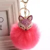 Winter Faux Rabbit Päls Ball Keychain med Rhinestone Gox Head Keyring Pompom Fluffy Key Chains Crystal for Women223i