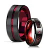 Anéis de casamento moda 8mm vermelho sulco borda chanfrada aço inoxidável celta dragão anéis para homens zircon inlay anel de fibra de carbono homens casamento banda 231208