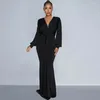 Casual Dresses Elegant Celebrity Special Occasion Women Long Sleeves V-neck Ruched Ribbon High Waist Club Evening Mermaid Maxi Dress