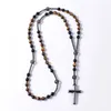 Pendentif colliers Onyx noir naturel avec pierre d'oeil de tigre catholique Christ chapelet colliers hématite croix pendentif hommes collier méditation bijoux 231207