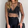 Blouses Femmes Femmes Sexy Mesh Voir à travers T-shirt Brillant Strass Résille Creux Out Crop Top À Manches Longues Plage Cover Up Party Club Tank