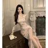 Vestidos casuais estilo chinês feminino elegante oco out slim fit fenda sexy vestido outono e inverno tornozelo-comprimento longo