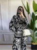 Women's Two Piece Pants Chic Print Long Pant Set For Women Est Autumn Female Turn Down Collar Casual Shirt Wide Leg Stylish Ladies