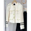 Jaquetas femininas moda coreana branco listrado inverno para mulher 2023 elegante o-pescoço curto misturas de lã casacos chaquetas para mujeres