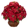 Fleurs décoratives Poinsettia rouge avec jardinière, Arrangement de fleurs artificielles séchées à sec pour Plan de plantes en résine