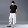 Ethnic Clothing Chinese Style Pants For Man Three Quarter Trousers Casual Flax All-Match Loose Mountain Flowing Water Printing 2023