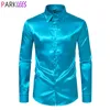 Chemises décontractées pour hommes Luxury Robe en satin de soie bleu brillant Men 70s Prom à manches longues Tuxedo lisse Chemise Homme 231207