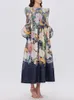 Lässige Kleider VGH Colorblock Blumendruck Vintage für Frauen Rundhals Langarm Hohe Taille Elegantes Kleid Weiblicher Modestil