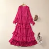 2024 Spring Hot Pink / Blue Solid Color Ruffle Chiffon Dress Long Sleeve V-Neck Panelled Long Maxi Casual Dresses S3D041130