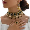 Wedding Jewelry Sets Vintage Gold Plated Set for Women Green Black Choker Pearl Necklace Tassel Earrings Ring Christmas Jewellery 231208