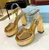 Summer Satin Sandals Designer Buckle Decoration Chunky Heels Womens Shoes 13 Cm High Heeled Leather Sole Platform Heel Roman Party Dress Sandal 35-42