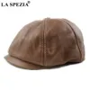 LA SPEZIA Khaki Men's Newsboy HAP Genuine Cowskin Leather Octagonal Cap Male Beret Autumn Winter Men Vintage Duckbill Hats 20215E