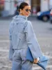 Vestes pour femmes Design Denim Femmes Vêtements d'extérieur Une épaule Longue Flare Sles Bouton Hem Fe Manteau Streetwear Chic Dames Veste 2023 Nouveau L231208