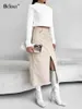 Skirts Bclout Fashion Khaki Leather Long Women 2023 Autumn Black Office Lady Slit Pu Elegant Pockets Sexy Straight