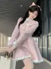 Casual Dresses Pink Sweet Ruffle Collar Long Sleeve Women Autumn A-Line Mini Dress Korean Söt singel Breasted Y2K Elegant Parted Party