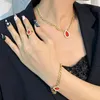 Necklace Earrings Set Stainless Steel Cuban Chain Bracelet Red Water Drop Ring Zircon Jewelry Collana E Orecchini Bracciale