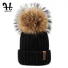 Chapéu de pele real de malha 100% pele de guaxinim real pom pom chapéu de inverno feminino gorro para women335c