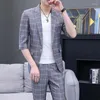 Men's Suits 2023 Fashion Summer Mid-sleeve Suit (Blazer Trousers) Thin Solid Color Slim Short Sleeve Blazer Two-piece Set