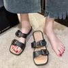 Tofflor eleganta kvinnors sandaler spänne bälte kvadrat tå kvinna 2023 sommarchunky klackar damer glider flip flops chaussure femme