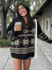 Женские вязаные футболки, модный свитер с воротником на молнии и принтом снежинки для женщин, зимний вязаный пуловер большого размера, свободный женский рождественский джемпер с длинным рукавом 231207