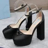 Summer Satin Sandals Designer Buckle Decoration Chunky Heels Womens Shoes 13 Cm High Heeled Leather Sole Platform Heel Roman Party Dress Sandal 35-42