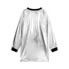 Abito T-shirt da donna metallizzato lucido, girocollo, maniche lunghe, bordi a coste, larghi, dritti, per discoteca, discoteca, danza 231220