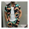 T-shirts pour hommes T-shirts pour hommes Ensemble chemise hawaïenne à manches courtes et shorts d'été décontracté floral plage deux pièces costume mode hommes ensembles S Dhql9