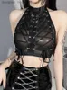 Women's Tanks Camis Gothic Punk Ring Halter Top Bodycon Lace Up Crop Bandage Tank Tops Y2k Mesh T Shirt Exotic Vest Sexy Hollow Out Backless Caims L231208