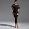 Abiti casual Vestito dalla fasciatura nera Donna Midi Party Aderente Elegante volant in rilievo Abiti da sera sexy di compleanno Club Estate 2023