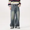 Mäns jeans 2023 Autumn Winter Retro Baggy Korean Fashion High Street Straight Casual Wide Leg Denim Trousers Male