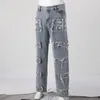 Calças de brim masculinas homem outono calças compridas homens fino ajuste tubo reto retro hip hop denim calças retalhos trassel rua