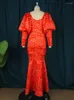 Casual Dresses Cutubly Red Mermaid Long Elegant Puff Sleeve Wrap V-Neck Bodycon Gowns 2023 Women Sexy Slim Birthday Evening Dress