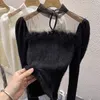 Nuovo design da donna in garza colletto alla coreana prospettiva sexy pelliccia di struzzo rattoppato manica lunga lana mohair maglione lavorato a maglia tee SMLXLXXL